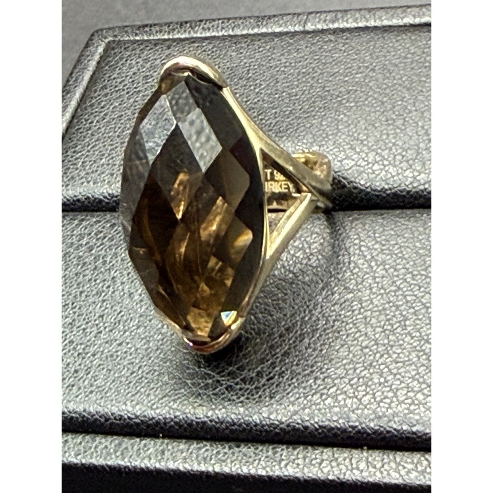 Vintage Gold Sterling Silver Faceted Smokey Topaz Ring Size 5 Patina J26